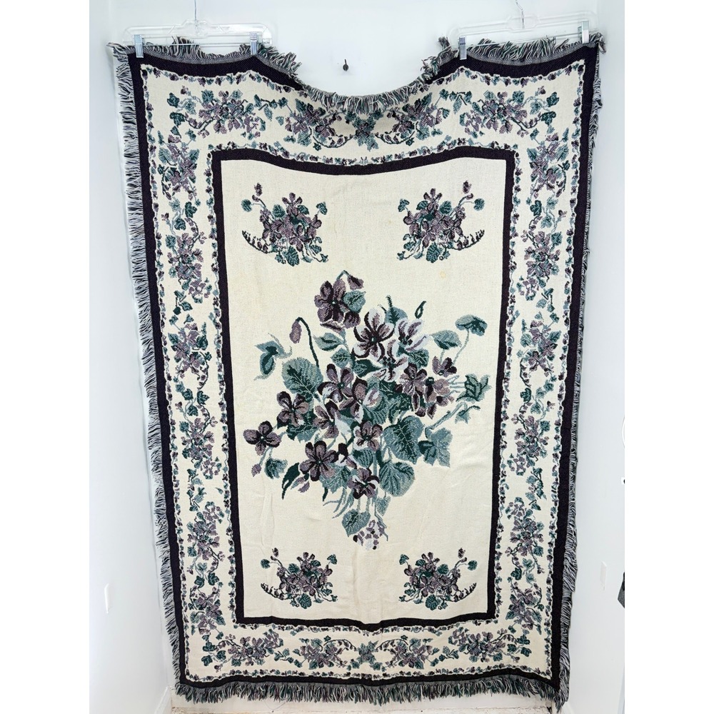 Vintage Floral Woven Tapestry Throw Blanket Reversible Fringed Purple Teal Cream